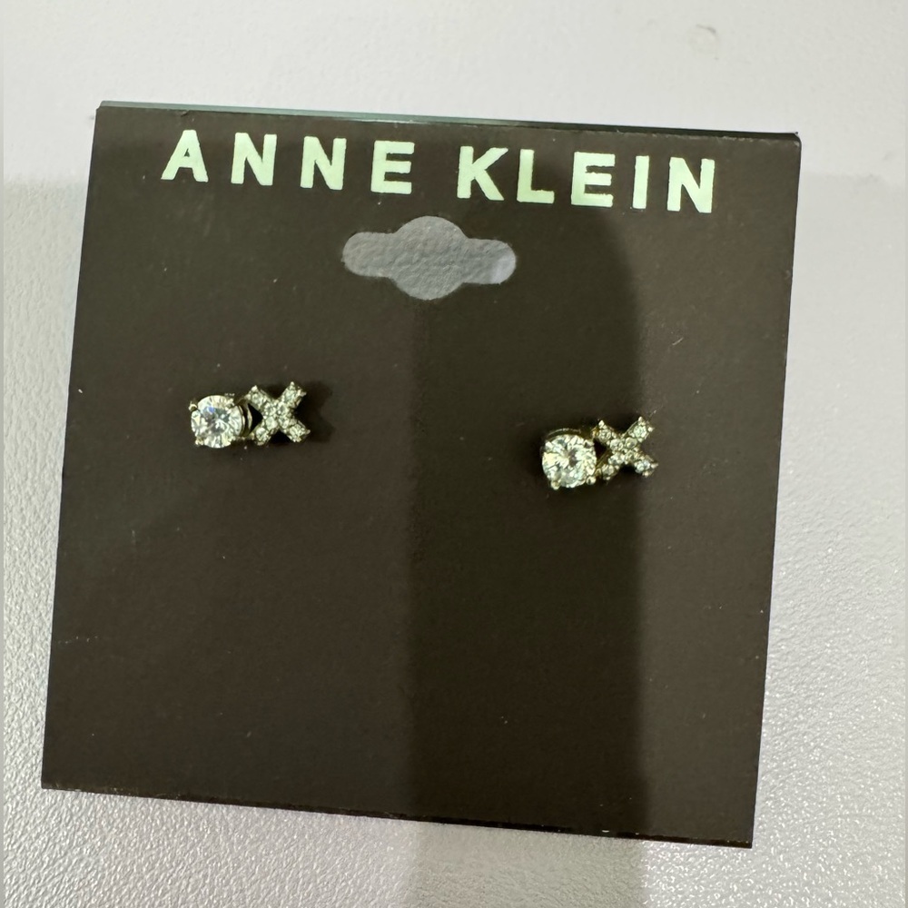 Anne Klein Silver Stud Earrings with Crystals XO New